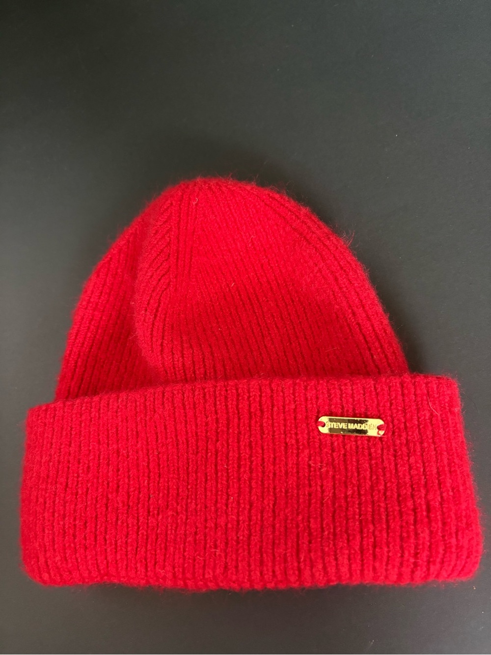 Steve Madden Red Ribbed Cuff Beanie with Gold Logo